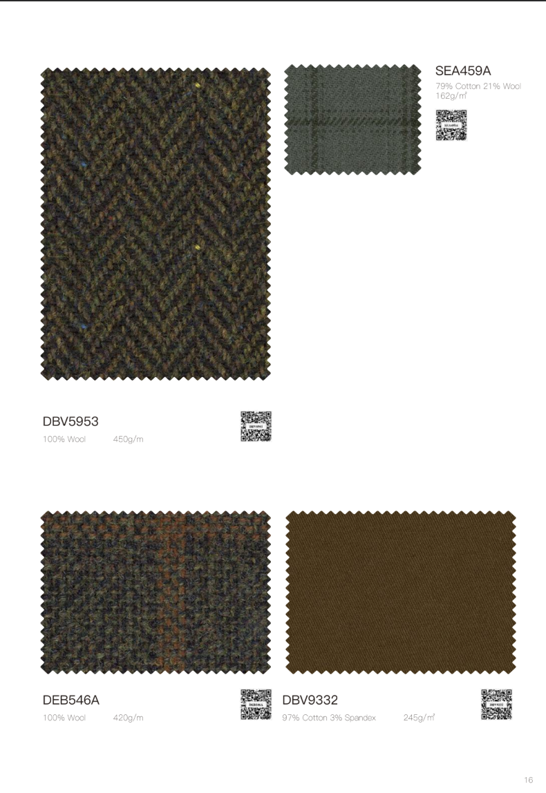 A catalog page showing four fabric swatches with codes and material details: a large herringbone wool sample, a dark green plaid swatch, a brown and black plaid swatch, and a solid dark brown swatch.