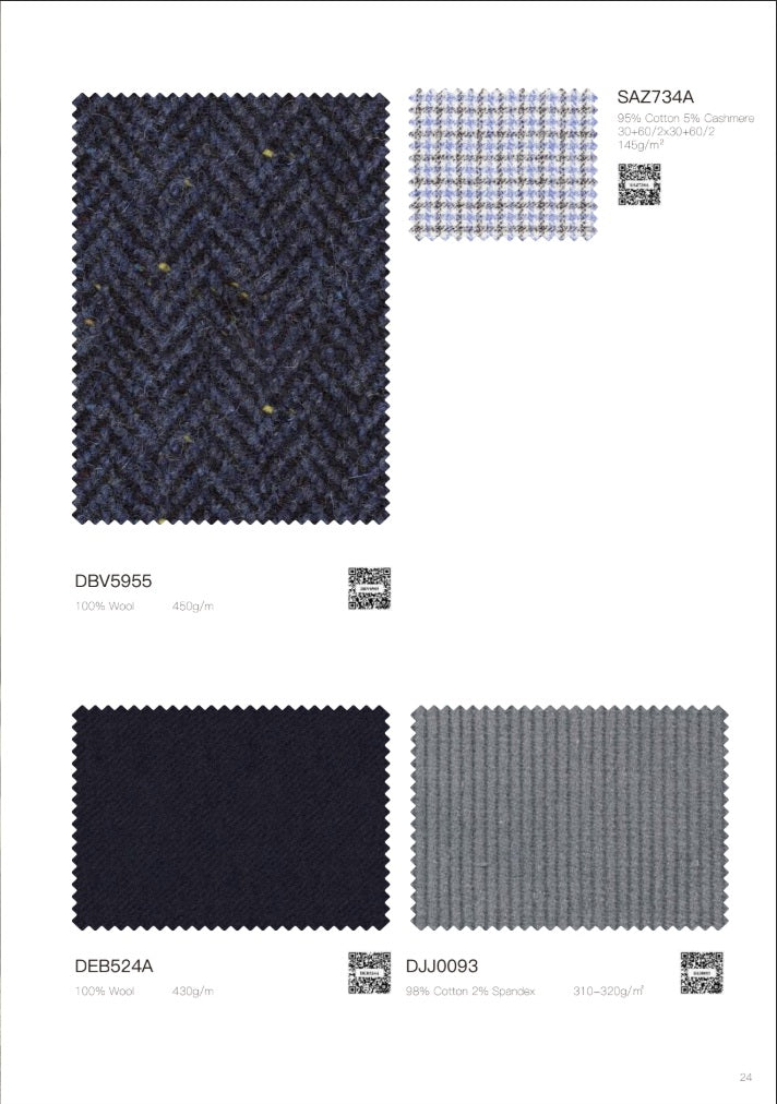 A catalog page showing four fabric swatches with labels and QR codes: a dark navy herringbone textile, a small blue-and-white plaid swatch, a very dark navy fabric, and a medium gray ribbed textile, all on a white background.