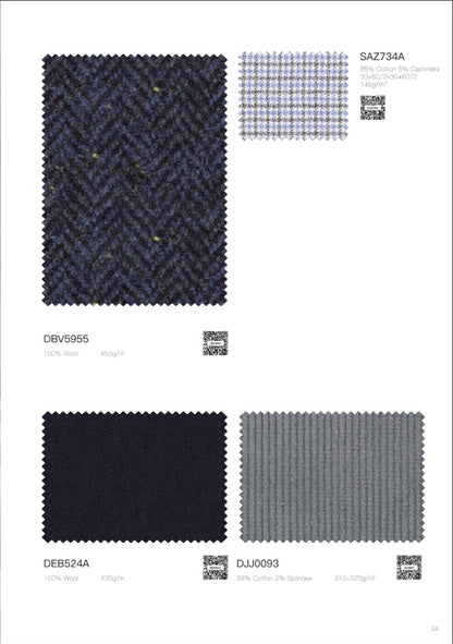 A catalog page showing four fabric swatches with labels and QR codes: a dark navy herringbone textile, a small blue-and-white plaid swatch, a very dark navy fabric, and a medium gray ribbed textile, all on a white background.