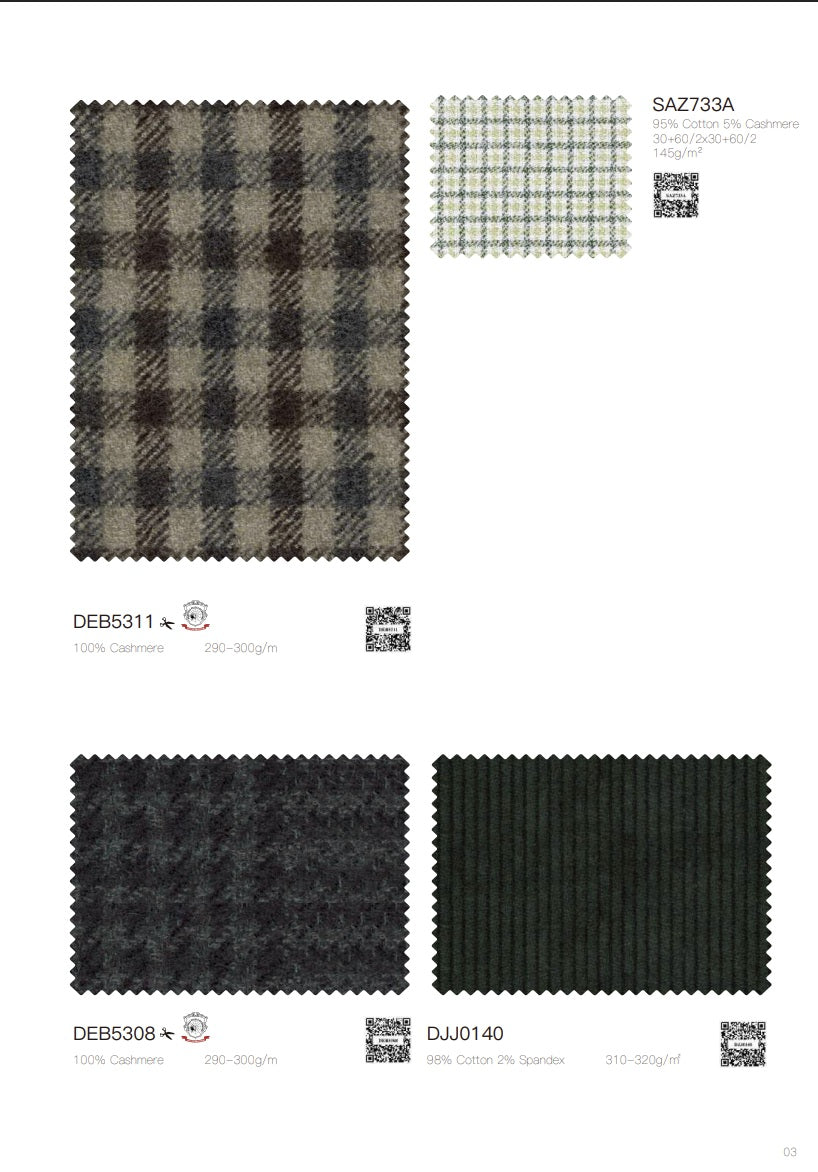 A catalog page showing four fabric swatches with labels and QR codes: a large brown and beige plaid swatch, a small green and beige plaid swatch labeled SA2713A, a dark charcoal plaid swatch labeled DEB5311, and a dark green textured swatch labeled DJJ0140.