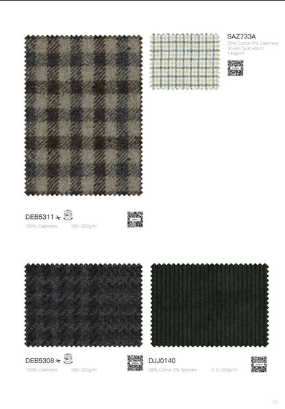 A catalog page showing four fabric swatches with labels and QR codes: a large brown and beige plaid swatch, a small green and beige plaid swatch labeled SA2713A, a dark charcoal plaid swatch labeled DEB5311, and a dark green textured swatch labeled DJJ0140.