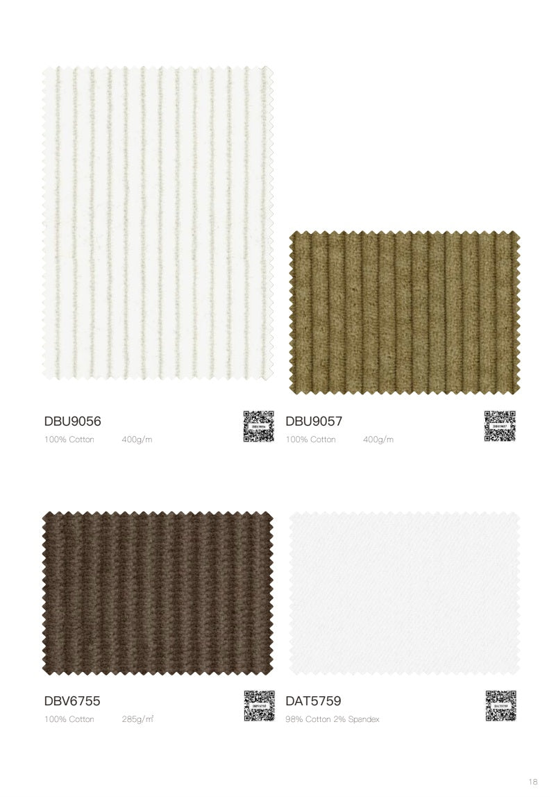 A catalog page showing four fabric swatches with printed codes and labels: a white vertically ribbed textile, an olive-brown vertically ribbed textile, a dark brown vertically ribbed textile, and a plain white textile. The page is on a white background.