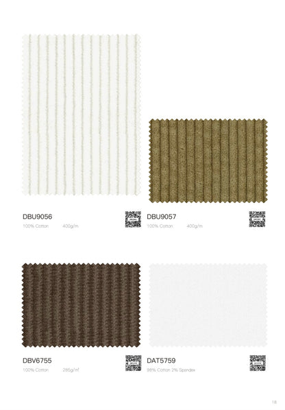 A catalog page showing four fabric swatches with printed codes and labels: a white vertically ribbed textile, an olive-brown vertically ribbed textile, a dark brown vertically ribbed textile, and a plain white textile. The page is on a white background.