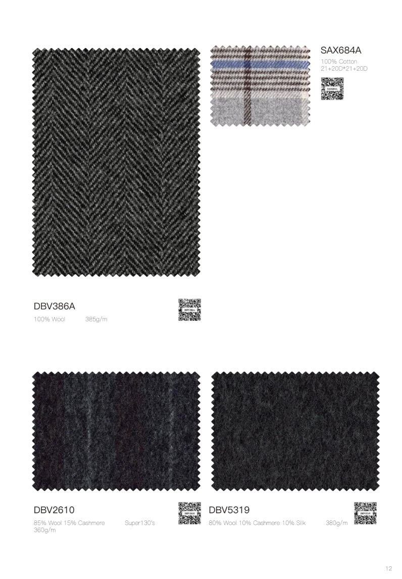 A catalog page showing several fabric swatches with printed codes and small QR codes. The largest swatch is a dark charcoal herringbone textile, with two smaller dark fabric samples below and a narrow strip of multicolor woven samples at the top right.