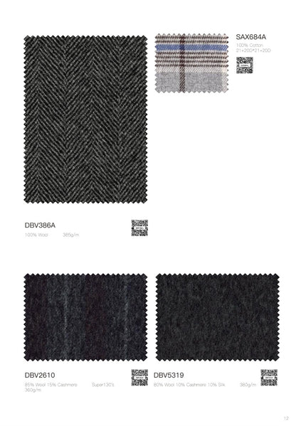 A catalog page showing several fabric swatches with printed codes and small QR codes. The largest swatch is a dark charcoal herringbone textile, with two smaller dark fabric samples below and a narrow strip of multicolor woven samples at the top right.