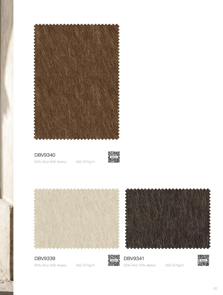 A catalog page showing three textured fabric swatches with serrated edges and printed codes: a medium brown swatch labeled DBV9340, a light beige swatch labeled DBV9339, and a very dark brown swatch labeled DBV9341, on a white background.