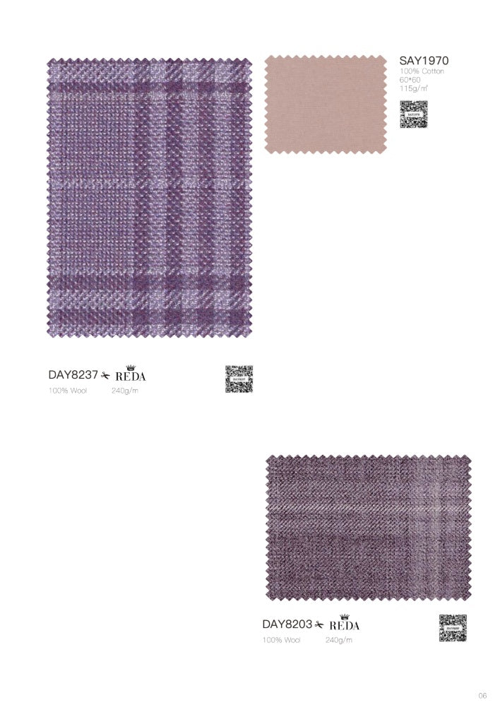 A catalog page showing two fabric swatches from RIDA: a larger purple plaid pattern labeled DAY8237 and a smaller dusty pink swatch labeled SAY1970, each with a small QR code and weight information on a white background.