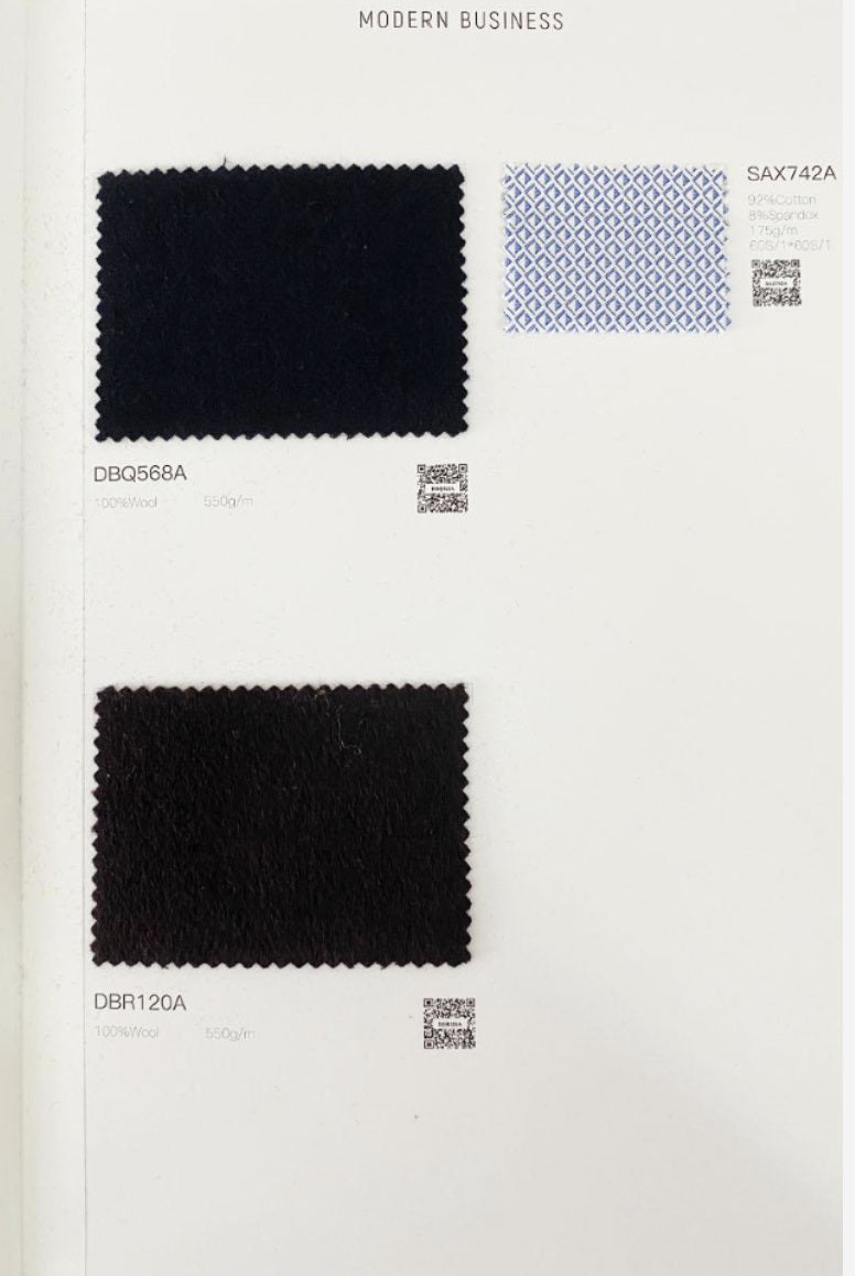 A catalog page showing two fabric swatches under the heading 'MODERN BUSINESS.' The top swatch is a dark navy rectangular sample labeled DBQ2568, and the right swatch is a small blue-and-white patterned square labeled SAX742A.