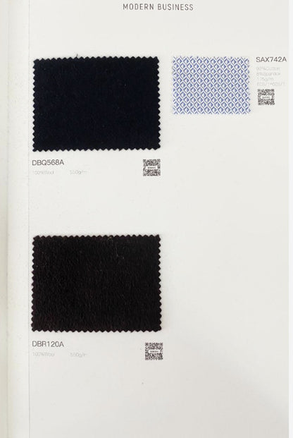 A catalog page showing two fabric swatches under the heading 'MODERN BUSINESS.' The top swatch is a dark navy rectangular sample labeled DBQ2568, and the right swatch is a small blue-and-white patterned square labeled SAX742A.