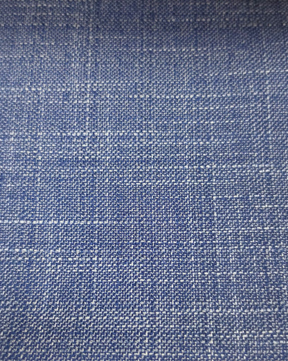 A close-up of a blue woven fabric with a subtle white plaid pattern.
