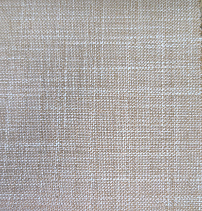 A close-up of woven fabric with a subtle plaid pattern in beige and off-white.