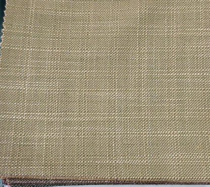 A close-up of woven fabric with a subtle windowpane plaid pattern in beige and tan tones.