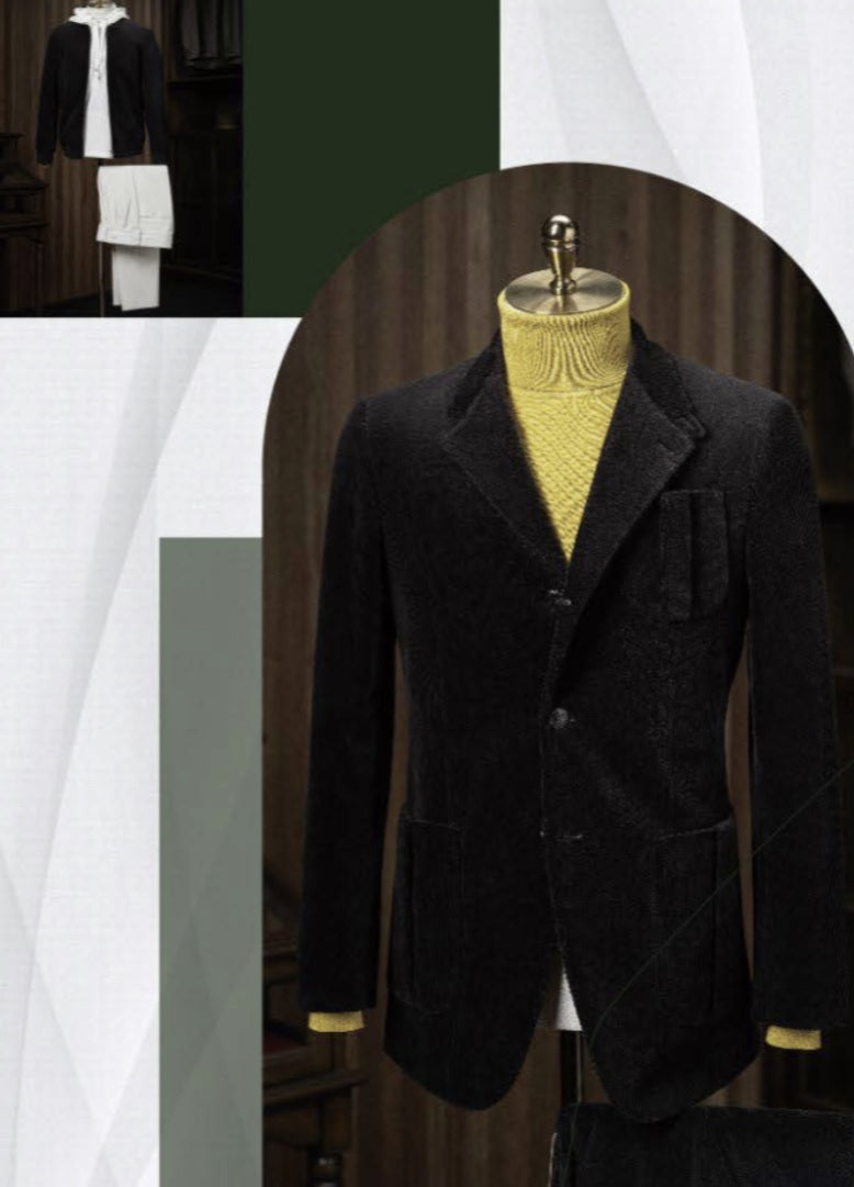 A collage of images showing a black corduroy casual jacket and trousers, with close-up views on a mannequin and a working cuff button detail. The jacket features a notched lapel, three-button fastening, and front pockets.