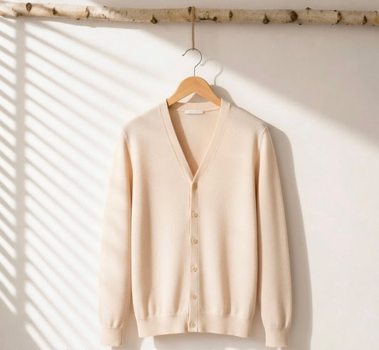 A cream-colored knit cardigan sweater hanging on a wooden hanger from a birch branch, set against a white wall with soft window shadow patterns.