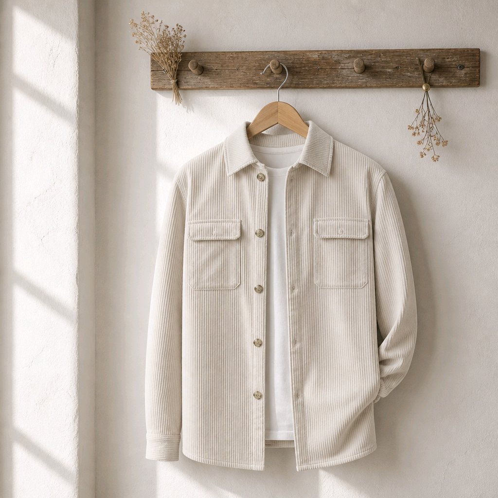 A cream-colored ribbed corduroy shirt jacket with button-front closure and two chest flap pockets, hanging on a wooden hanger on a rustic wall hook with dried floral accents.