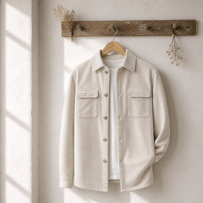 A cream-colored ribbed corduroy shirt jacket with button-front closure and two chest flap pockets, hanging on a wooden hanger on a rustic wall hook with dried floral accents.