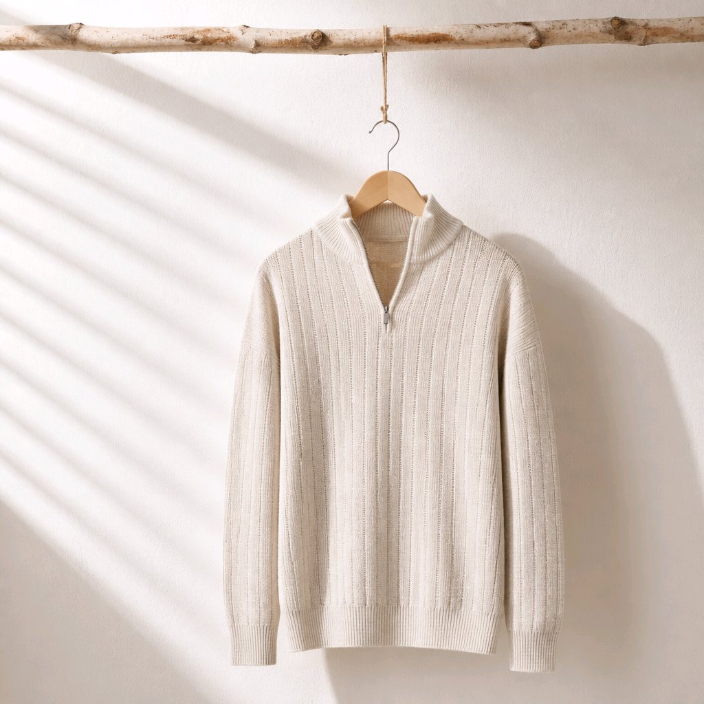 A cream-colored ribbed knit half-zip sweater hanging on a wooden hanger from a rustic birch branch, set against a warm off-white wall with soft diagonal shadow patterns.