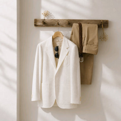 A cream-colored textured blazer jacket hanging on a wooden hanger from a rustic wooden wall rack, styled with tan trousers, a brown belt, and sunglasses against a sunlit cream wall.