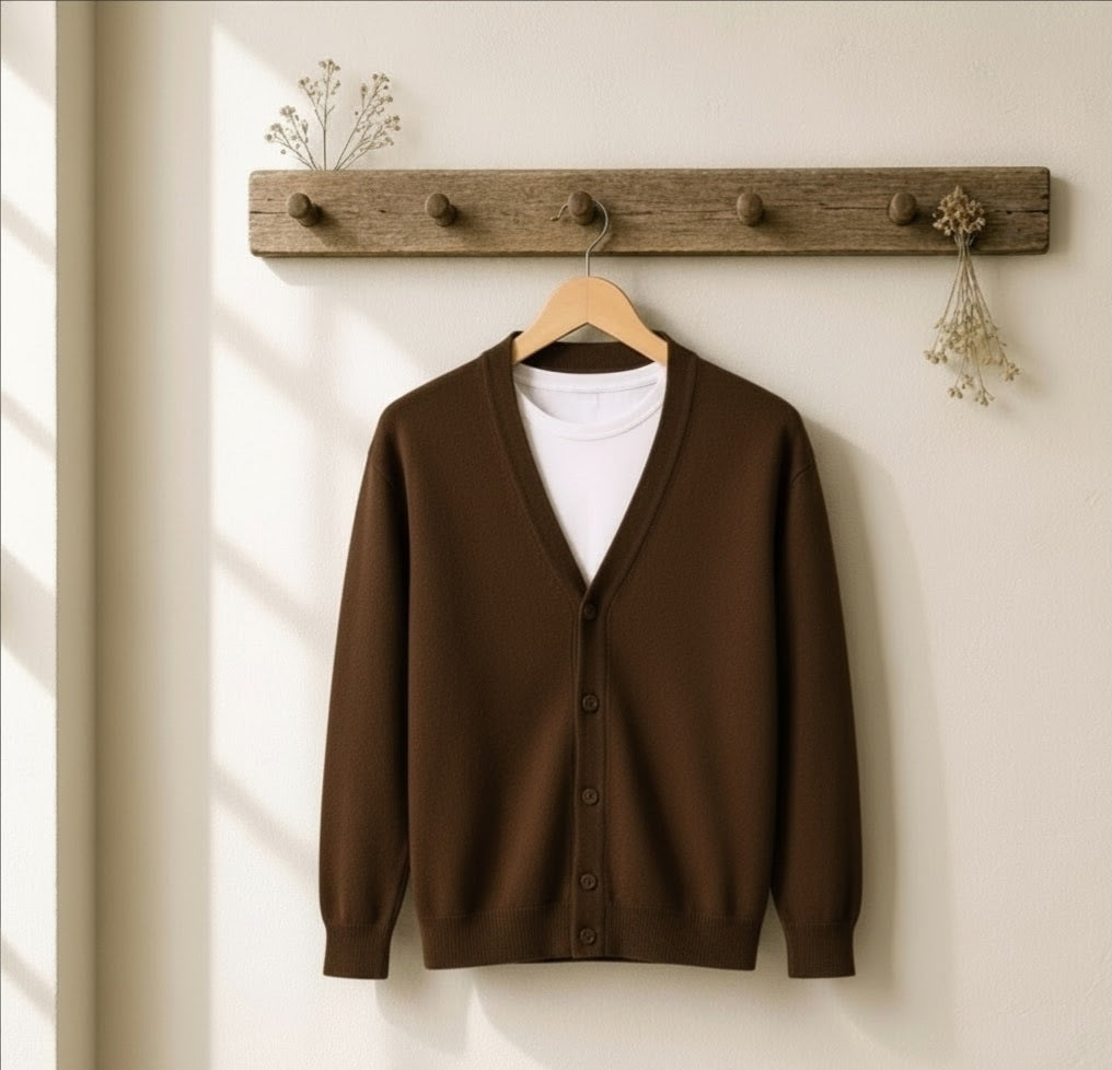 A dark brown button-up cardigan sweater hanging on a wooden hanger from a rustic wooden coat rack against a warm beige wall.