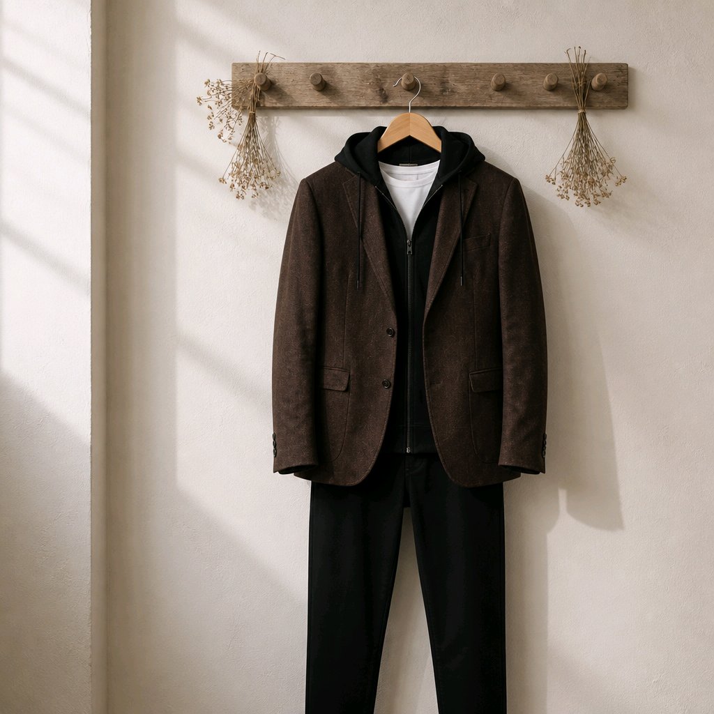 A dark brown corduroy blazer with a black zip-up hoodie lining, hanging on a wooden hanger on a rustic wall hook. The blazer is styled over a black zip-up sweater, a white t-shirt, and black trousers.