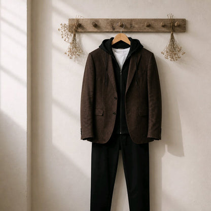 A dark brown corduroy blazer with a black zip-up hoodie lining, hanging on a wooden hanger on a rustic wall hook. The blazer is styled over a black zip-up sweater, a white t-shirt, and black trousers.
