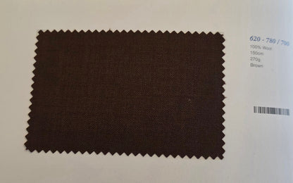 A dark brown fabric swatch with serrated edges displayed on a white background next to printed color and material details.