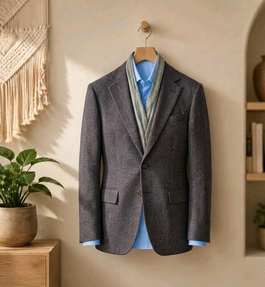 A dark brown textured blazer jacket styled over a light blue dress shirt and a gray knit sweater vest, hanging on a wooden hanger on a beige wall in a styled room setting with a plant and shelves.