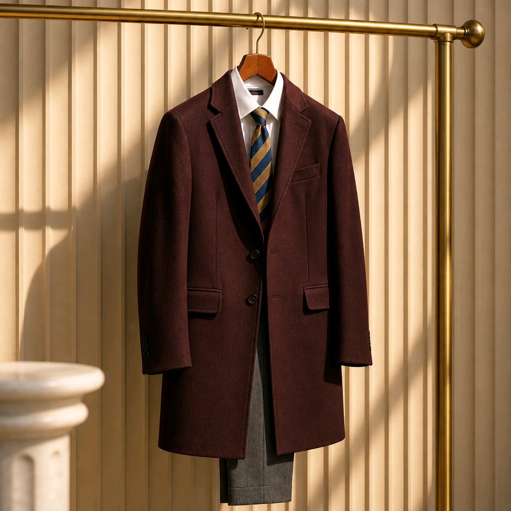 A dark burgundy wool-blend overcoat hanging on a wooden hanger on a gold clothing rack, styled with a white collared shirt, a blue and gold striped tie, and gray trousers against a beige slatted wall with warm sunlight shadows.