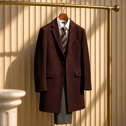 A dark burgundy wool-blend overcoat hanging on a wooden hanger on a gold clothing rack, styled with a white collared shirt, a blue and gold striped tie, and gray trousers against a beige slatted wall with warm sunlight shadows.
