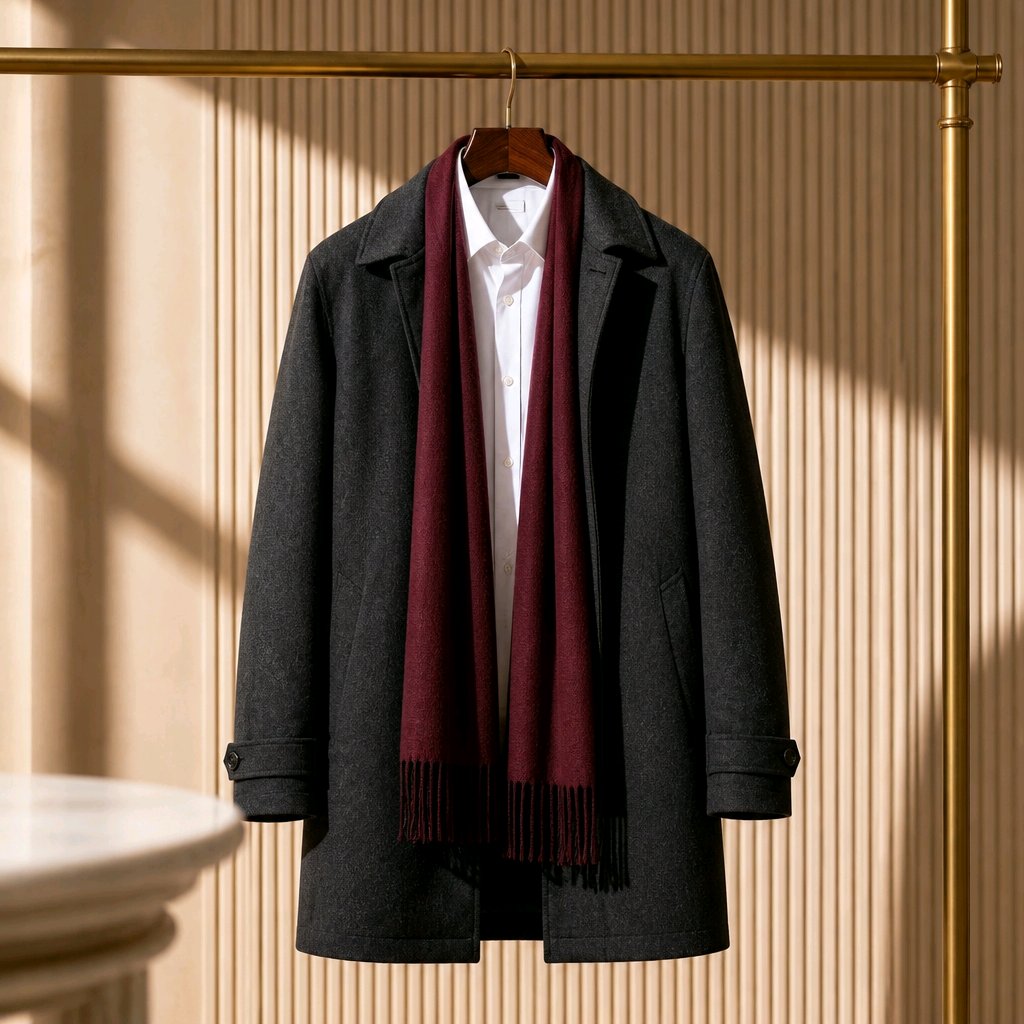 A dark charcoal gray Cotton Raincoat hanging on a wooden hanger, layered over a white collared shirt and a deep burgundy scarf, displayed on a gold clothing rack against a beige slatted wall.