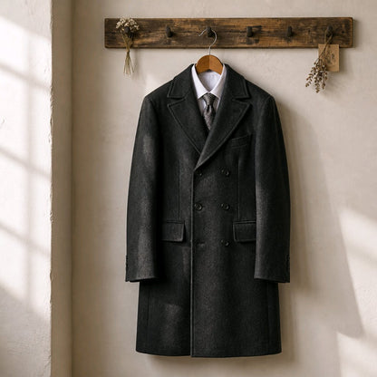 A dark charcoal gray double-breasted overcoat hanging on a wooden hanger on a rustic wooden wall rack, styled with a white dress shirt and a gray patterned tie against a textured beige wall with soft window light shadows.
