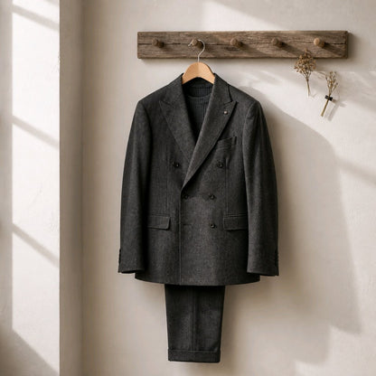 A dark charcoal gray double-breasted suit jacket and matching trousers hanging on a wooden hanger from a rustic wooden wall hook, set against a warm off-white wall with soft window shadows.