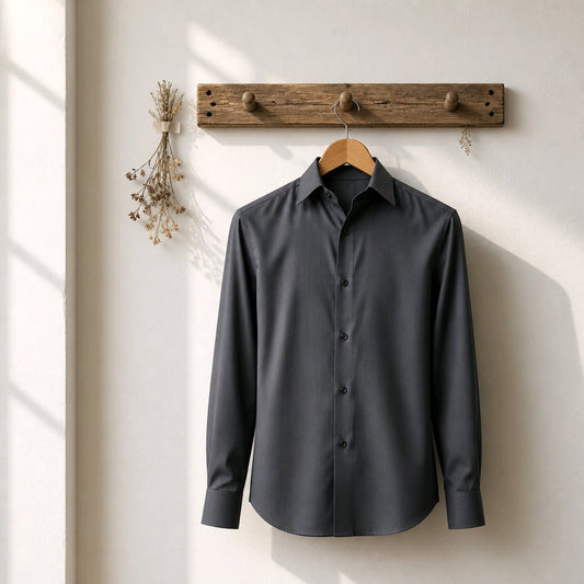 A dark charcoal gray long-sleeve button-down shirt hanging on a wooden hanger from a rustic wooden wall hook rack, set against a warm off-white wall with soft window light shadows.