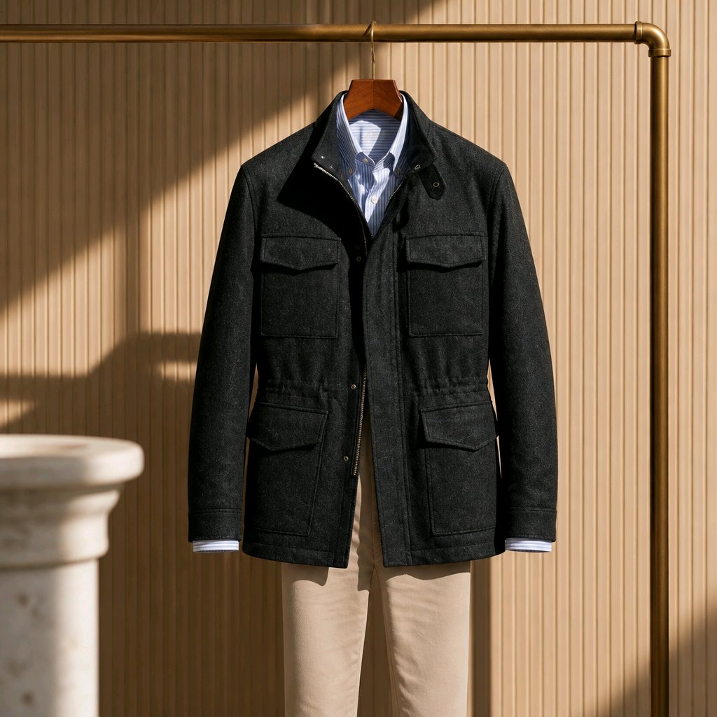 A dark charcoal gray utility jacket with four front pockets, hanging on a wooden hanger against a beige slatted wall with a gold clothing rack behind it. The jacket is styled over a light blue collared shirt and beige trousers.