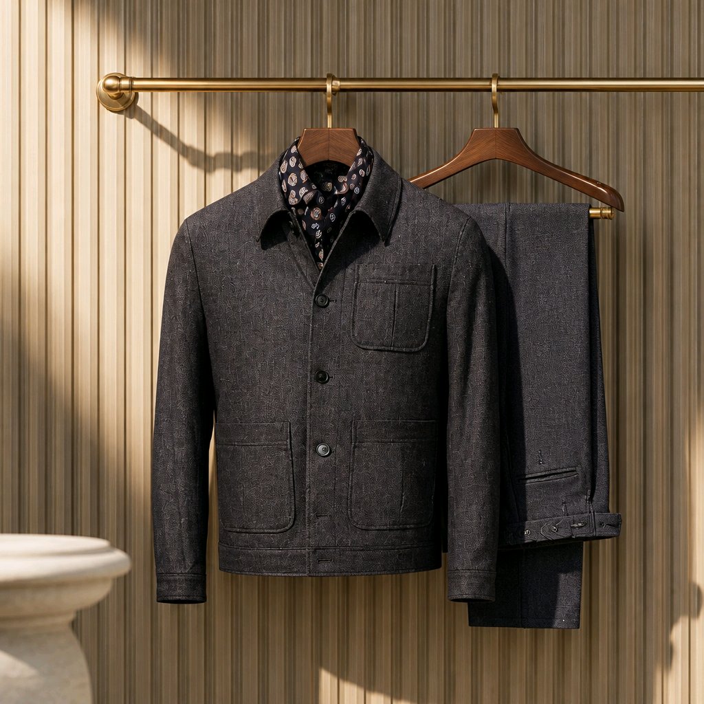 A dark charcoal gray wool-blend jacket with a button-front closure and chest pocket, hanging on a wooden hanger next to matching dark trousers on a brass rack against a beige wood-paneled wall.