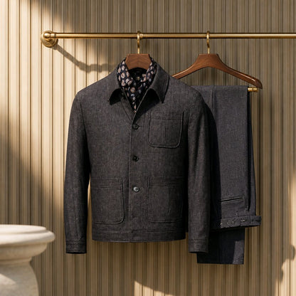 A dark charcoal gray wool-blend jacket with a button-front closure and chest pocket, hanging on a wooden hanger next to matching dark trousers on a brass rack against a beige wood-paneled wall.