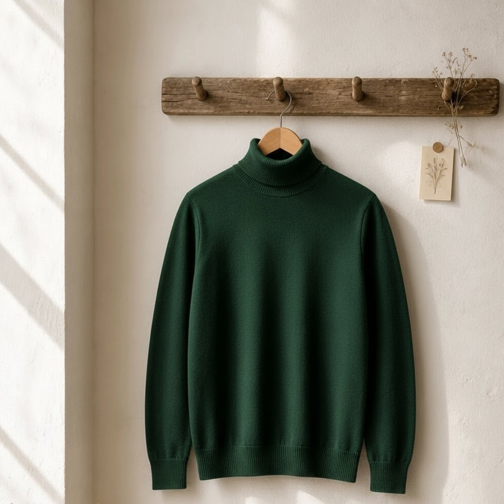 A dark forest green knit turtleneck sweater hanging on a wooden hanger from a rustic wooden wall hook rack, set against a warm off-white wall with soft window light shadows.
