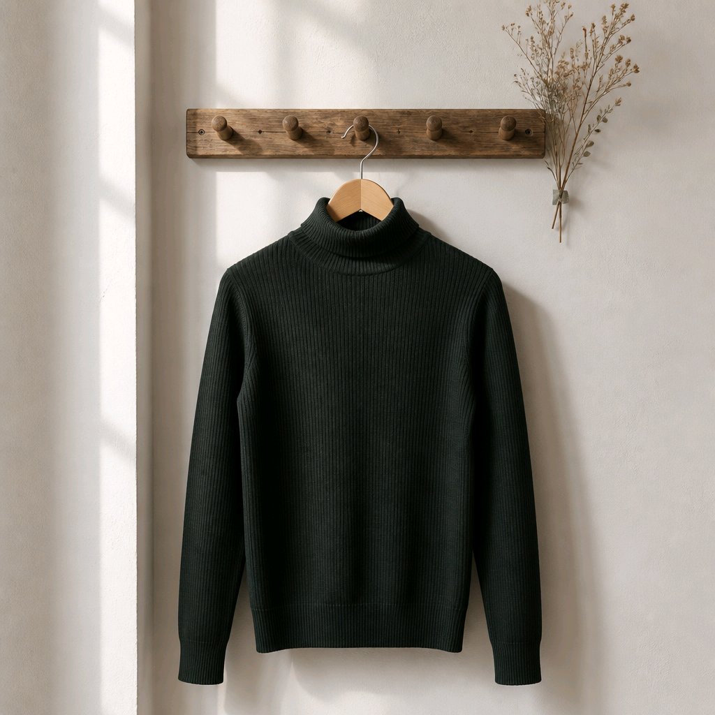 A dark forest green ribbed turtleneck sweater hanging on a wooden hanger from a rustic wooden wall rack, with a small bundle of dried flowers to the right, set against a warm off-white wall with soft window light casting shadows.