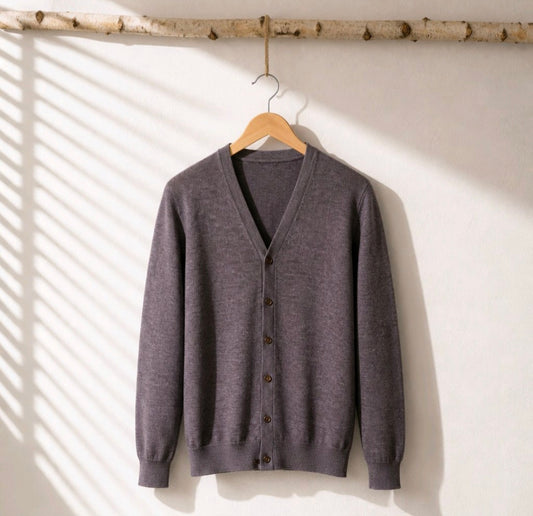 A dark gray knit cardigan sweater with a V-neck and button-front closure, hanging on a wooden hanger from a birch branch against a white wall with soft window shadow patterns.