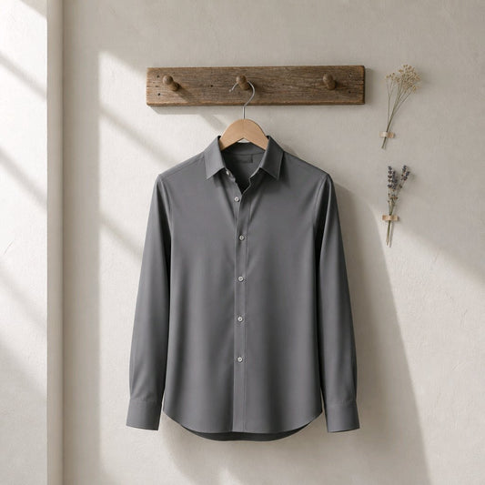 A dark gray long-sleeve button-up shirt hanging on a wooden hanger from a rustic wooden wall hook, with dried floral arrangements on the side against a textured off-white wall.