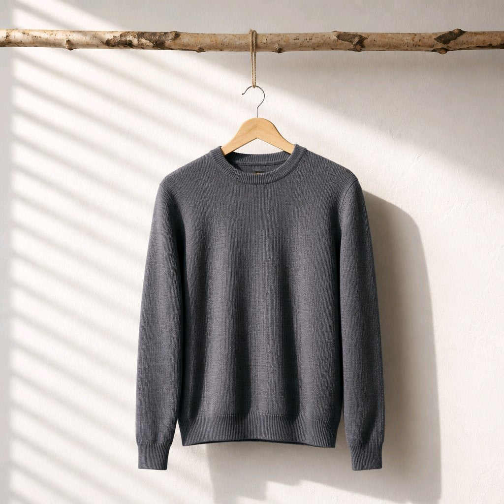 A dark gray ribbed knit crewneck sweater hanging on a wooden hanger from a natural wood branch, set against a white wall with soft diagonal window shadow patterns.