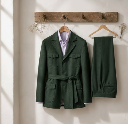 A dark green tailored jacket with a matching tie belt and matching trousers hanging on wooden hangers from a rustic wooden wall hook, styled with a light purple striped dress shirt. The scene is set against a warm off-white wall with soft window light shadows.
