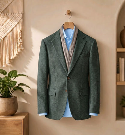 A dark green textured blazer jacket hanging on a wooden hanger against a warm beige wall, styled with a light blue dress shirt and a taupe-gray scarf.