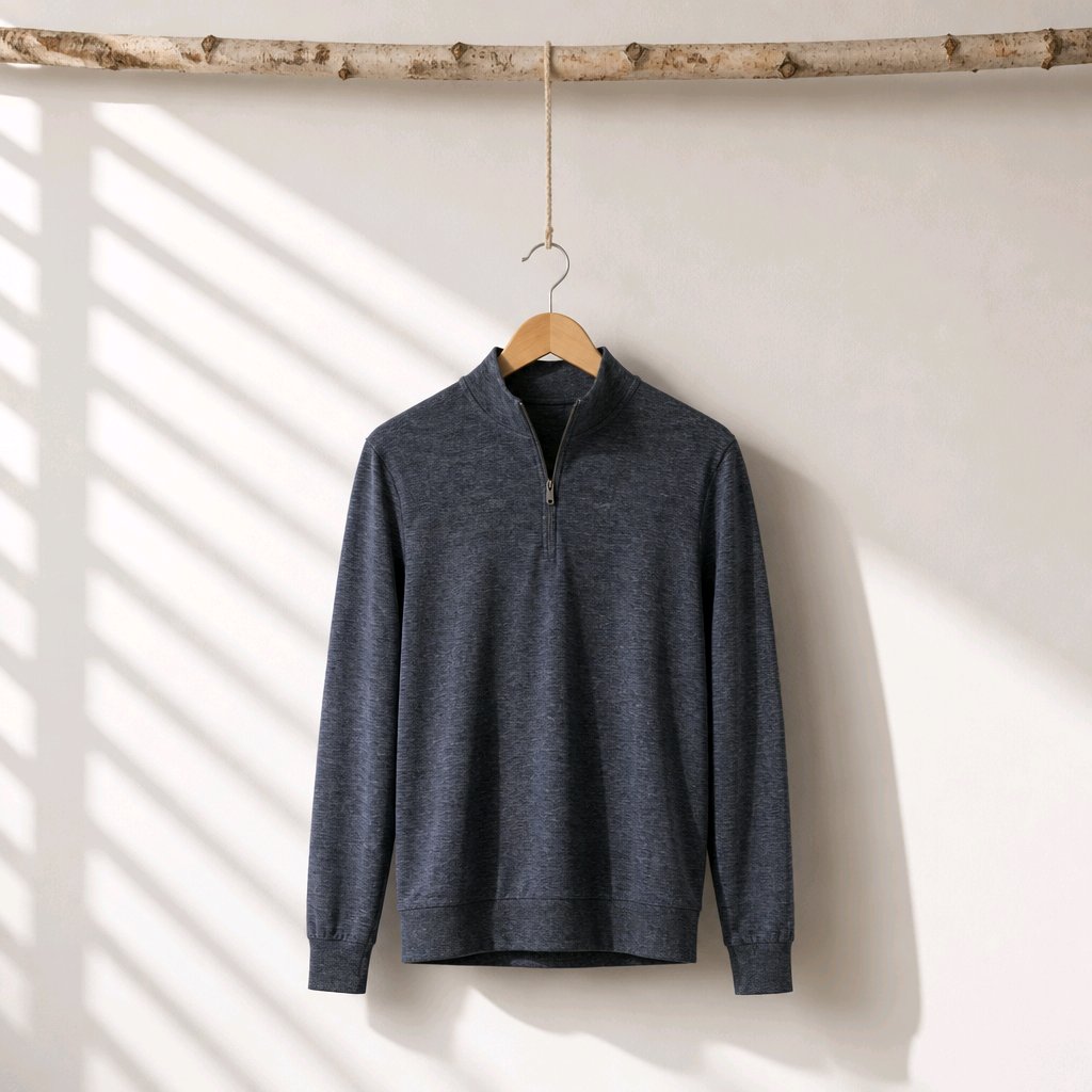 A dark heather gray quarter-zip pullover sweater hanging on a wooden hanger from a rustic birch branch, set against a white wall with soft diagonal window shadow patterns.