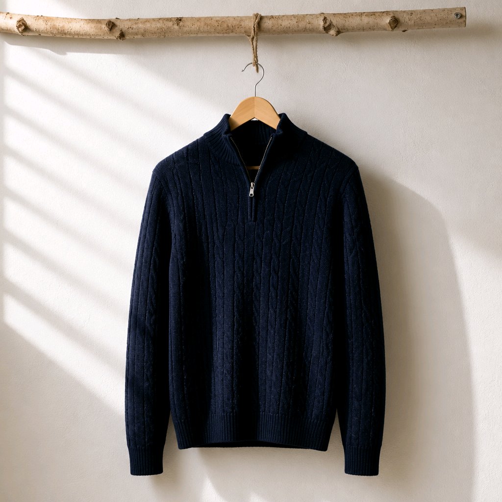 A dark navy blue cable-knit quarter-zip sweater hanging on a wooden hanger from a rustic branch rack against a white wall with soft window shadow patterns.