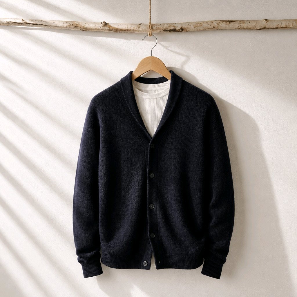 A dark navy blue knit cardigan sweater hanging on a wooden hanger against a white wall with soft diagonal shadows. The cardigan is layered over a white ribbed knit shirt.