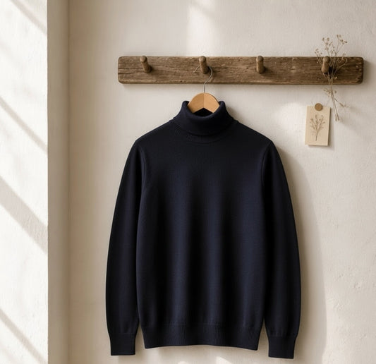 A dark navy blue knit turtleneck sweater hanging on a wooden hanger from a rustic wooden peg rack on a textured off-white wall.