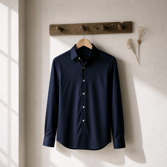 A dark navy blue long-sleeve button-down shirt hanging on a wooden hanger from a rustic wooden wall hook, set against a textured off-white wall with soft window light casting shadows.