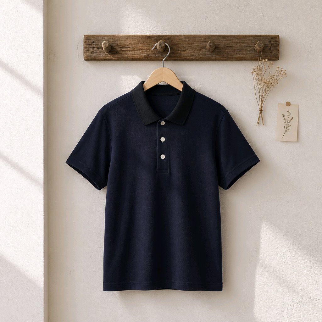 A dark navy blue short-sleeve polo shirt with a contrasting black collar and three white buttons, hanging on a wooden hanger from a rustic wooden peg rack against a textured off-white wall.