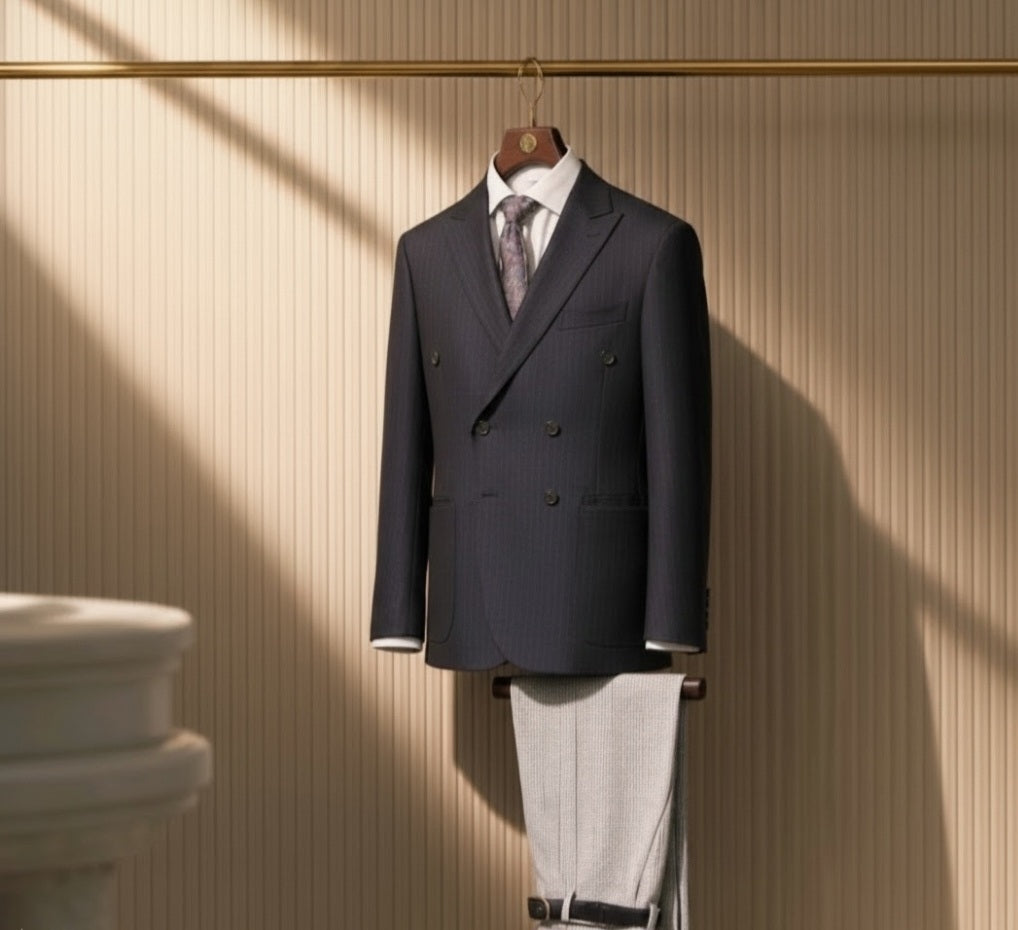 A dark navy double-breasted suit jacket with a white shirt and patterned tie, hanging on a wooden hanger against a beige ribbed wall with dramatic diagonal sunlight shadows.